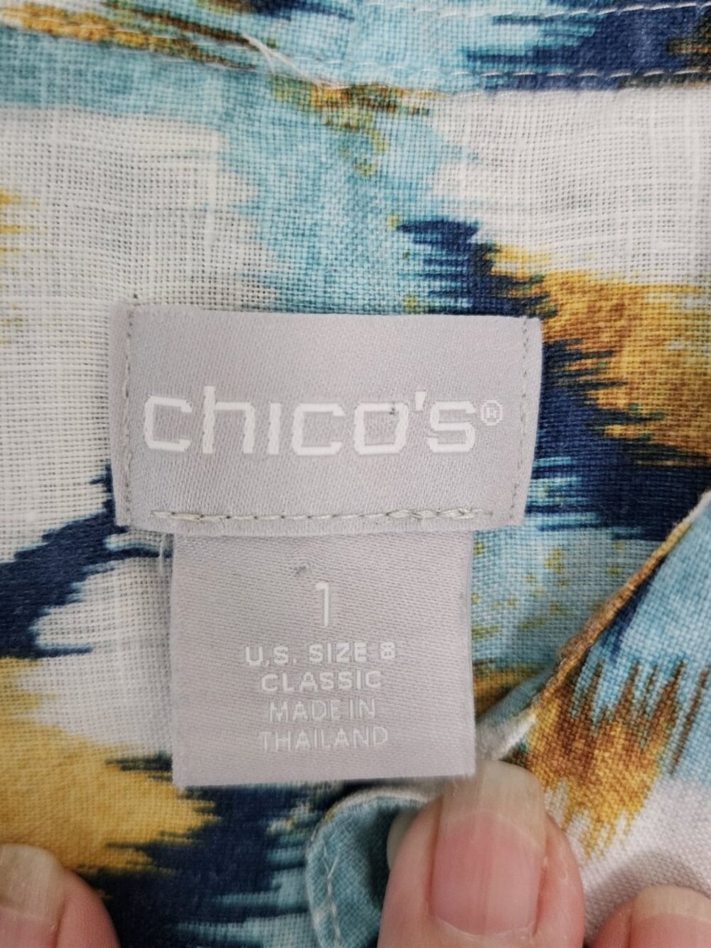 Chico's 100% Linen Button Up Shirt Teal Navy Print 3/4 Sleeve Size 1 (US 8) - Picture 6 of 9